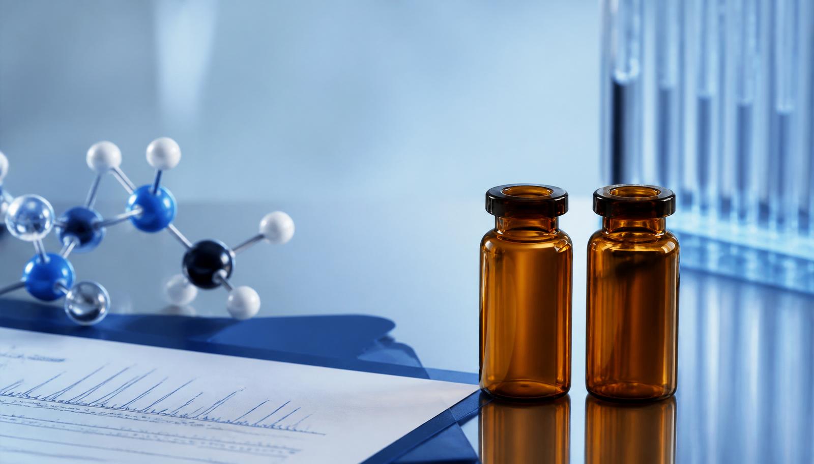 Amber research peptide vials in Optimized Aminos navy and blue laboratory styling