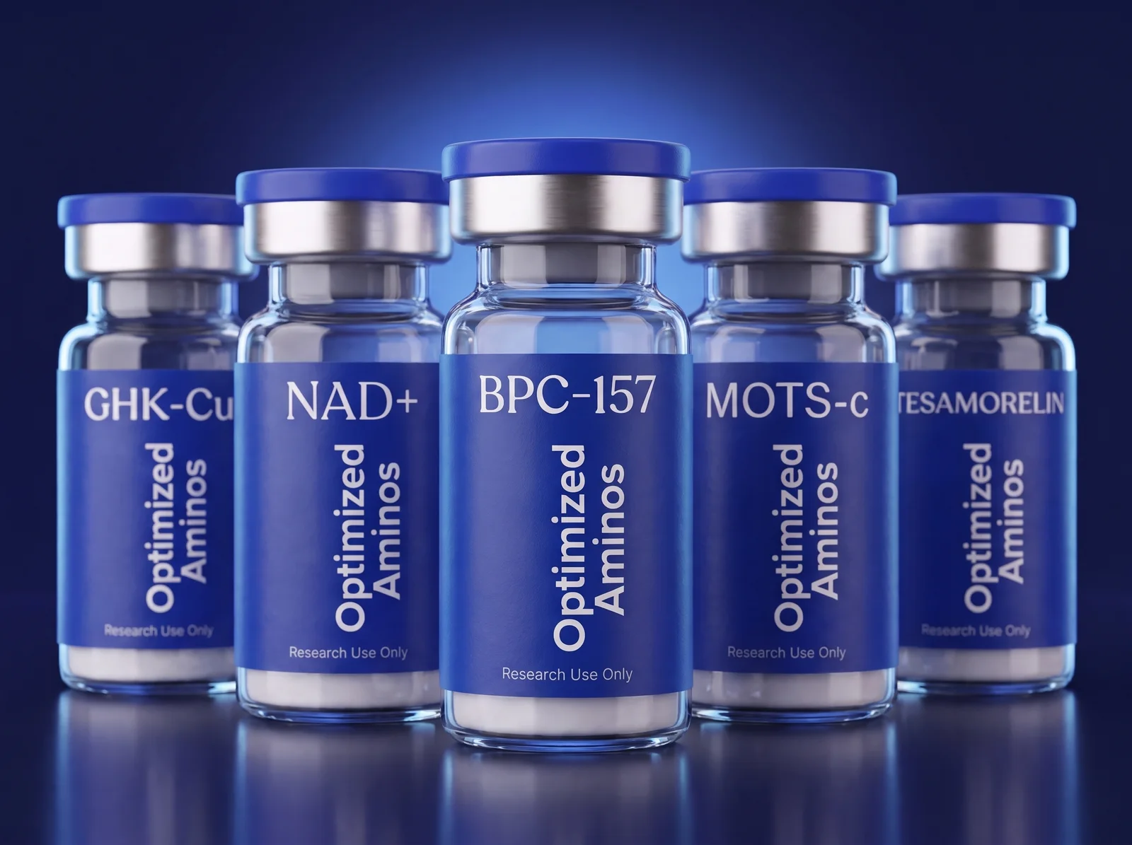 Five different Optimized Aminos research peptide vials — labels legible — on the production line