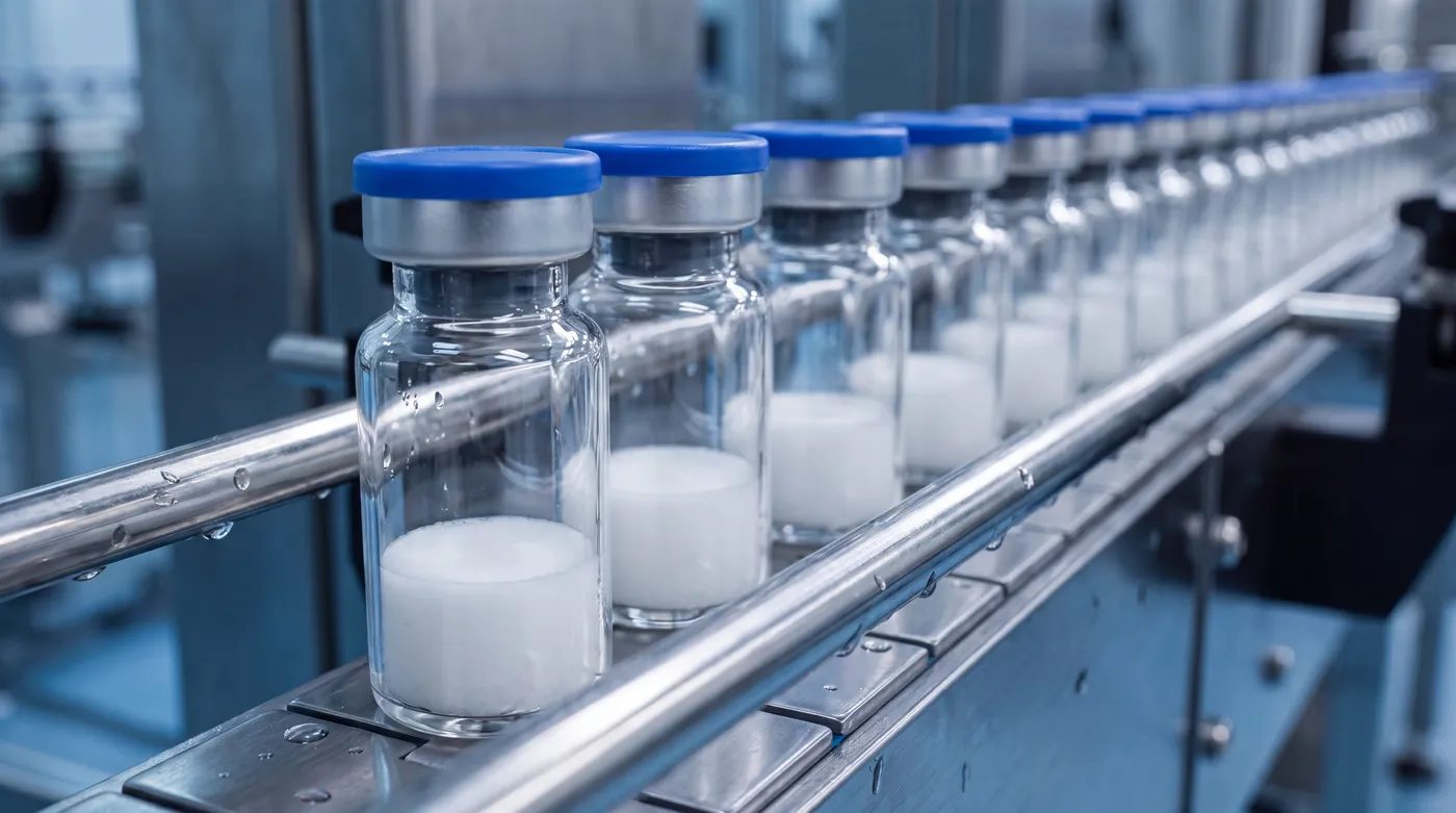 Finished Optimized Aminos vials with lyophilized cake, capped and moving along the line